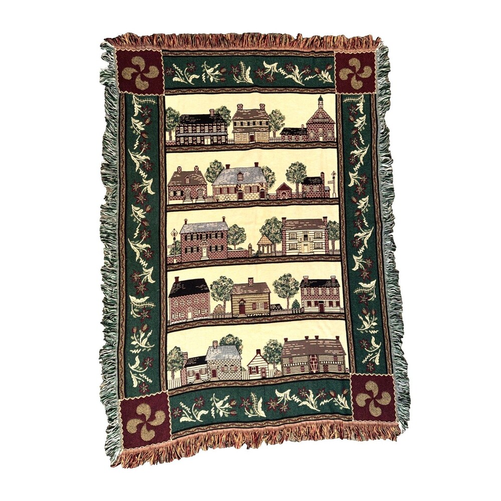 Vintage Bob Timberlake Throw Tapestry Blanket Houses Flowers Village Made in USA